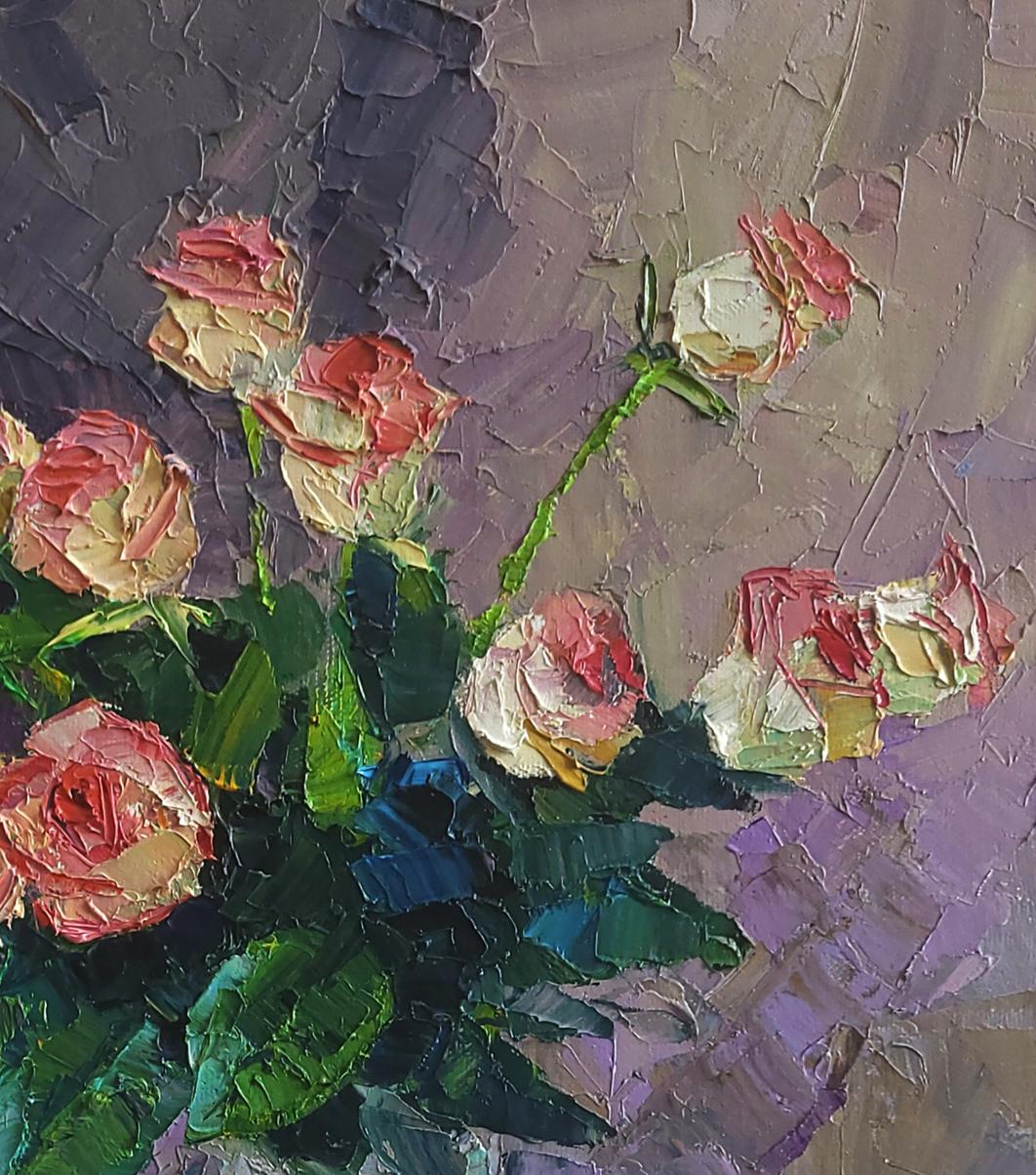 Oil painting Roses in crystal by Boris Serdyuk: pink cream roses textured purple background