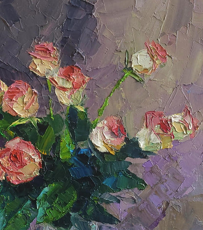 Oil painting Roses in crystal by Boris Serdyuk: pink cream roses textured purple background