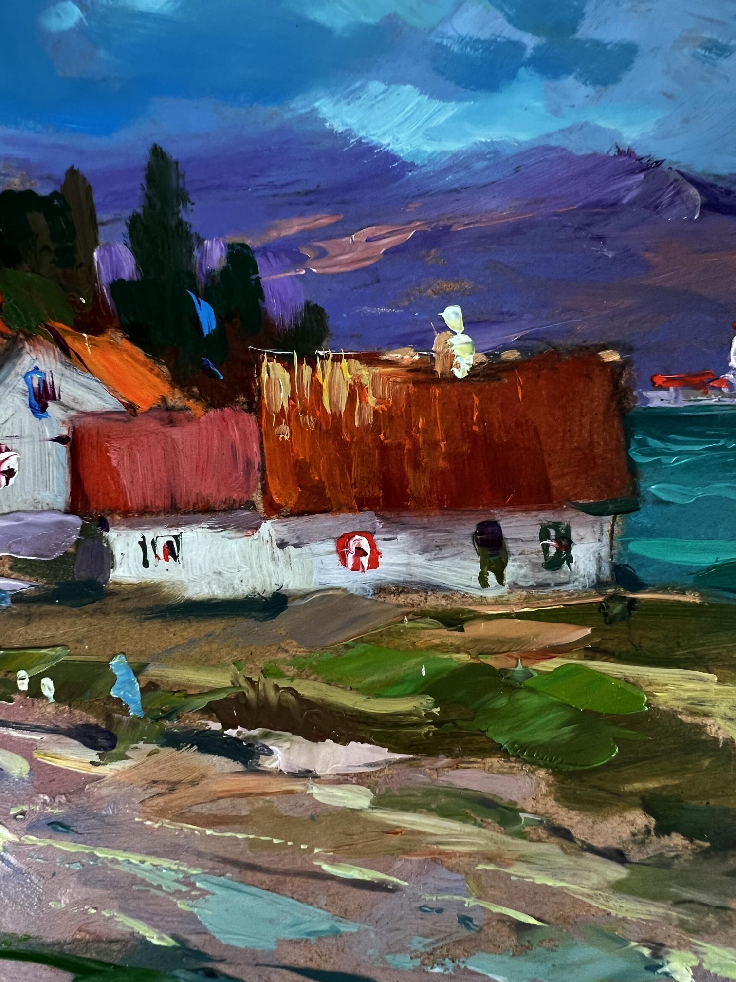 Oil painting Road to the Mountains by Yuriy Suprunchuk vibrant houses by water