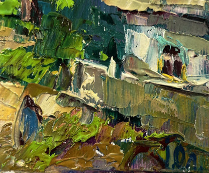 Oil painting Feast Day in Village by Oleksiy Ivanyuk, textured greens and blues