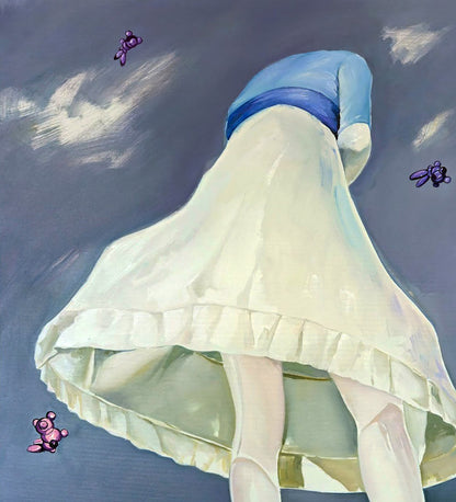 Oil painting-like pale cream skirt with ruffled hem and blue waistband by Igor Konovalov