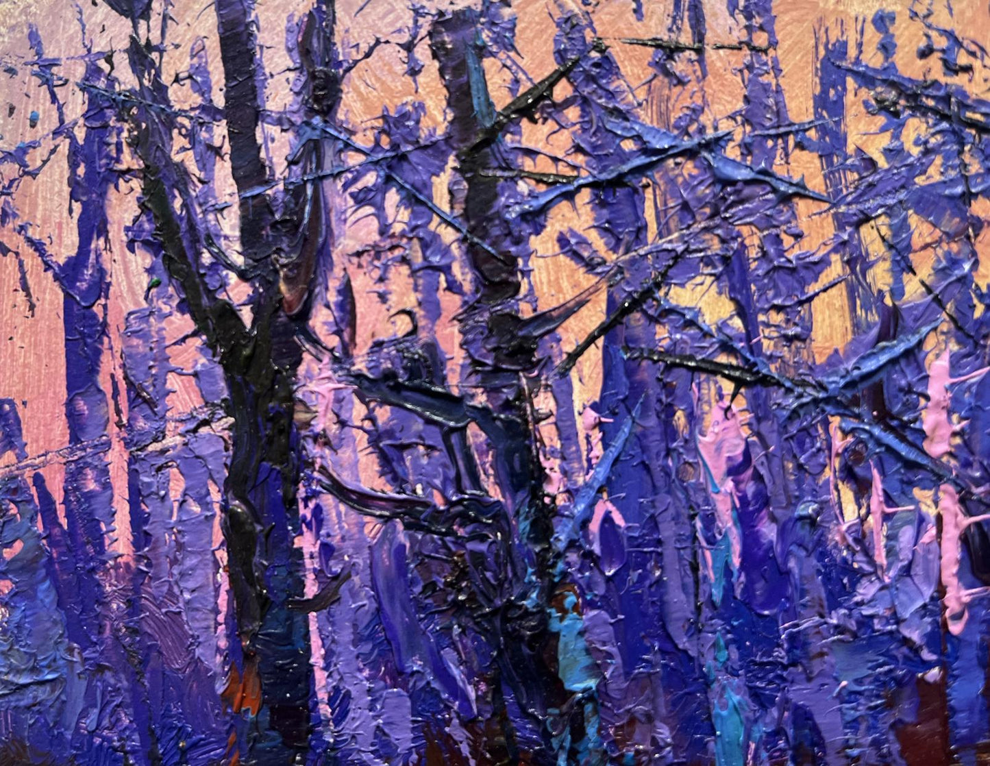 Oil painting Forest covered with frost by Oksana Ivanyuk, purple black strokes on orange