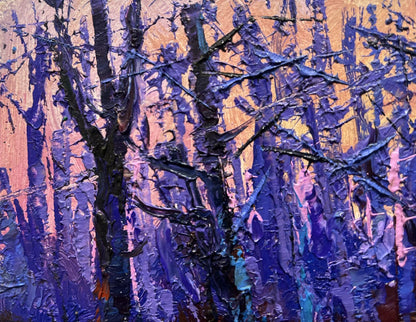 Oil painting Forest covered with frost by Oksana Ivanyuk, purple black strokes on orange