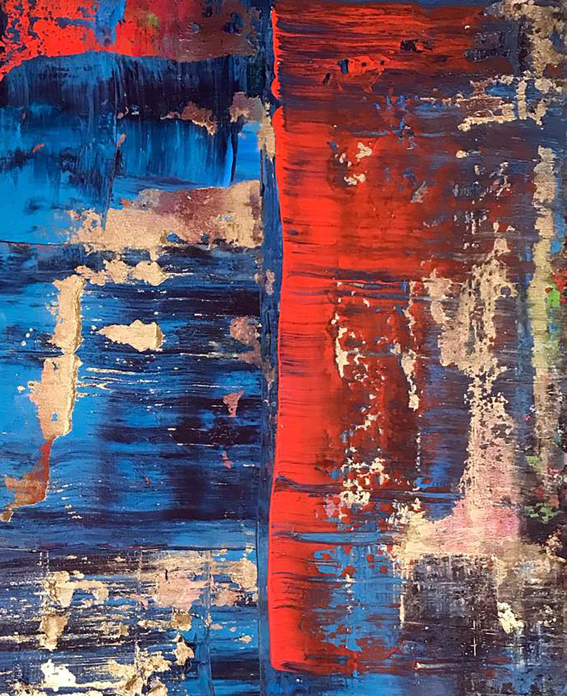 Vibrant abstract acrylic painting Pleasure by Olga Melezhik, red blue brushstrokes