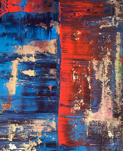 Vibrant abstract acrylic painting Pleasure by Olga Melezhik, red blue brushstrokes