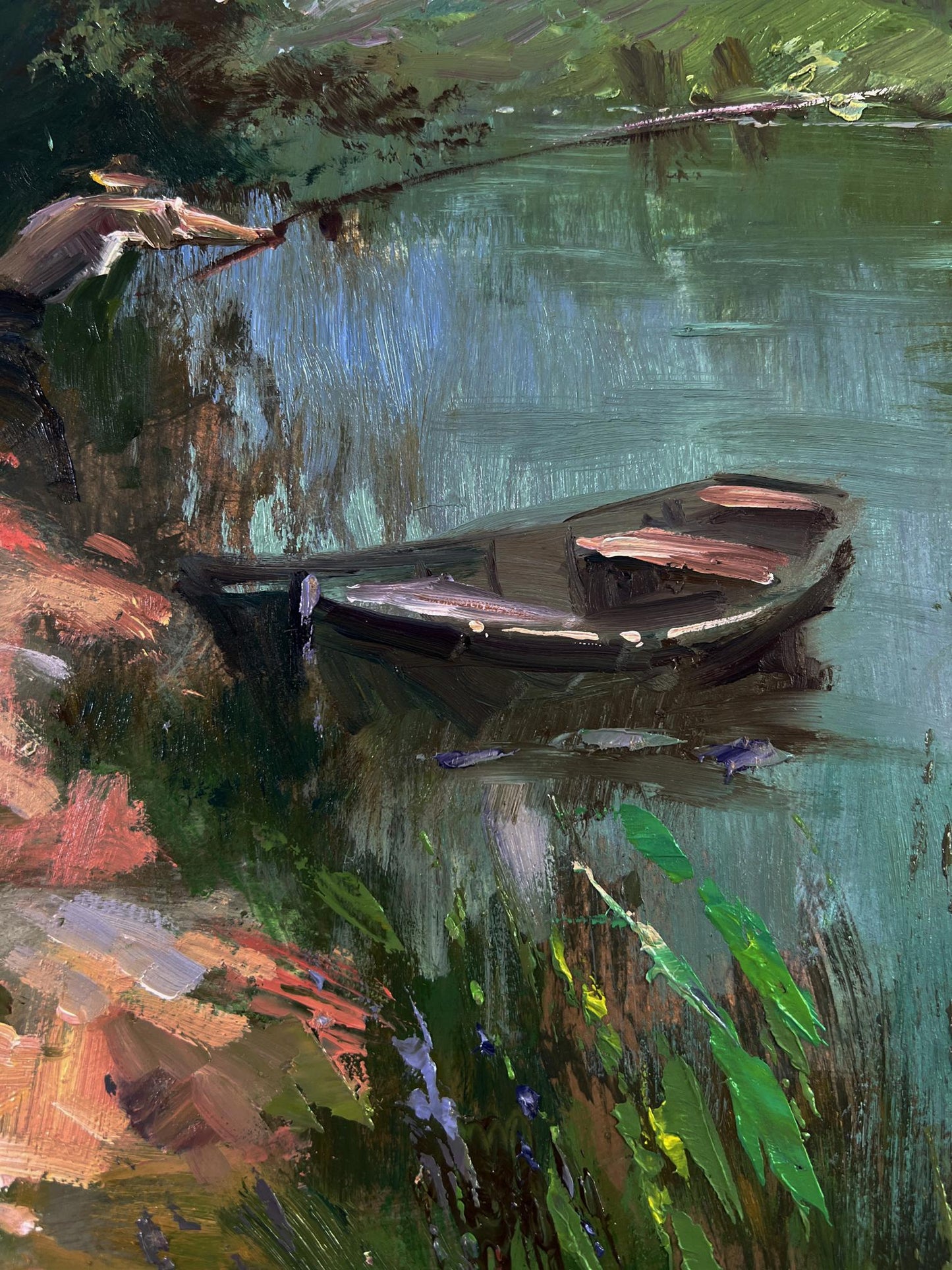 Oil painting of dark rowboat on calm water by Yuriy Suprunchuk
