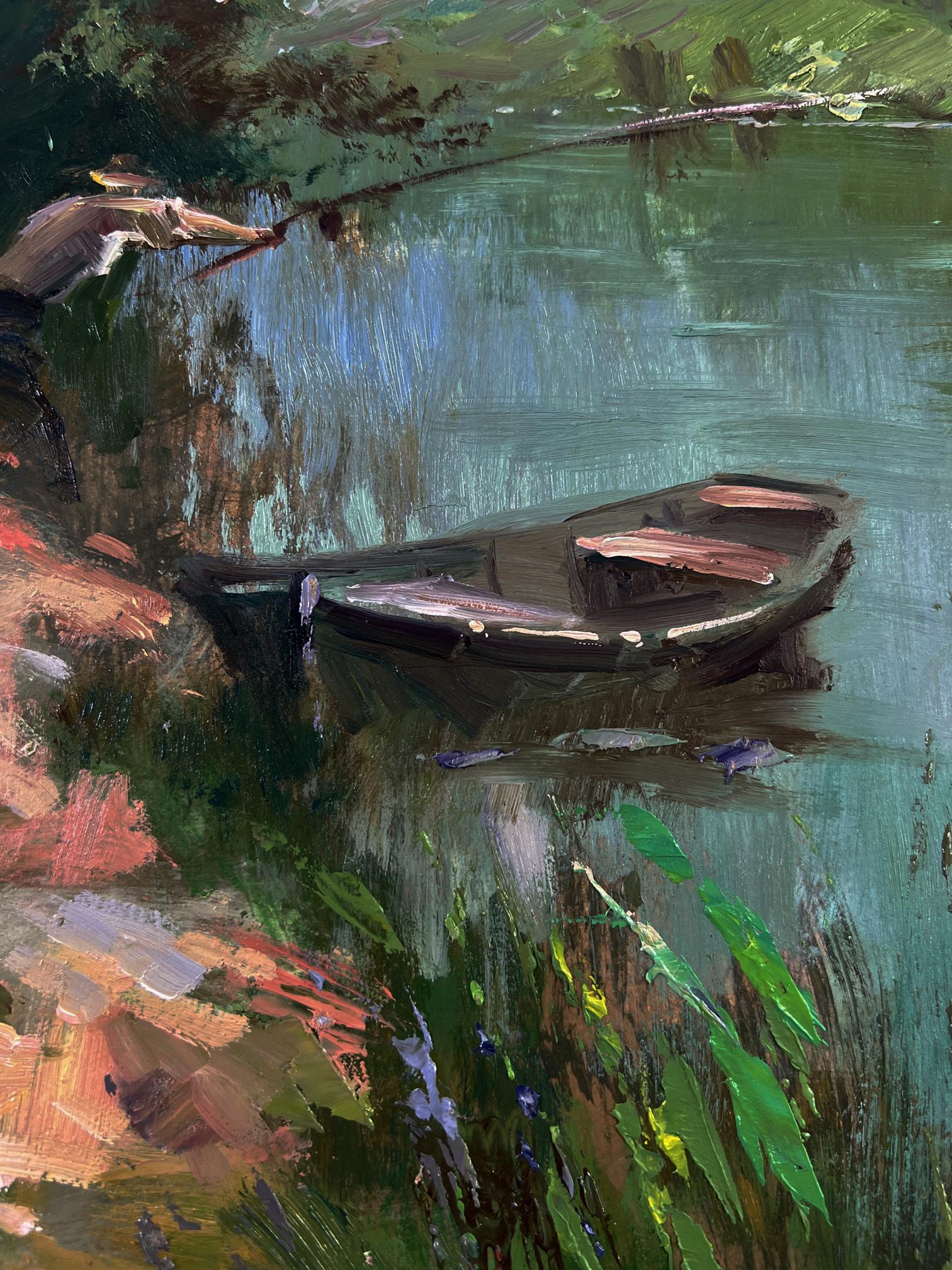 Oil painting of dark rowboat on calm water by Yuriy Suprunchuk