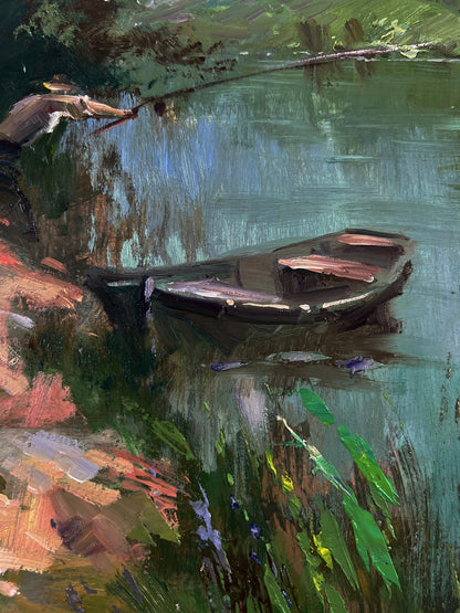 Oil painting of dark rowboat on calm water by Yuriy Suprunchuk