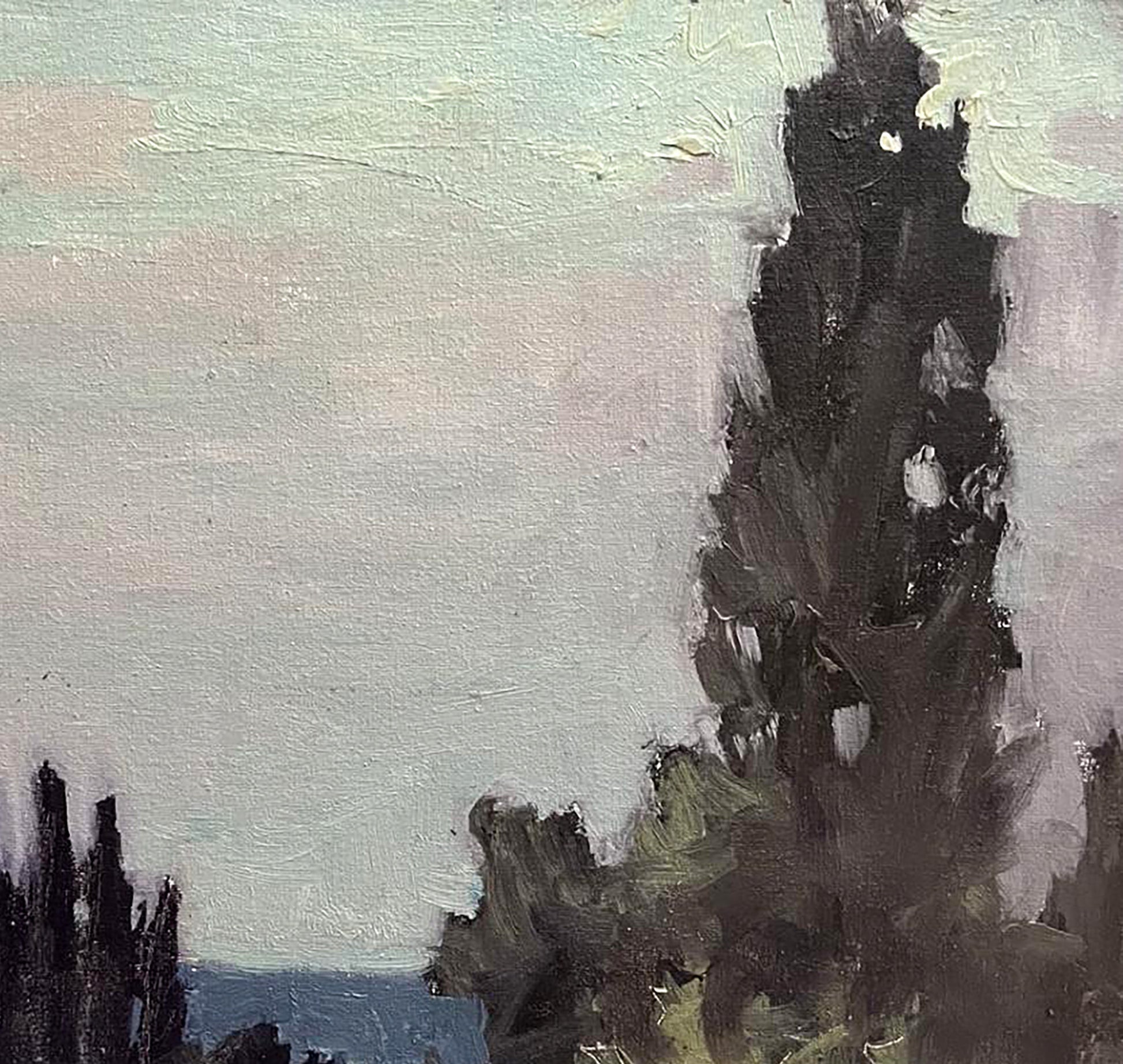 Tall dark green black cypress tree in impasto oil painting by Volodymyr Pashchenko