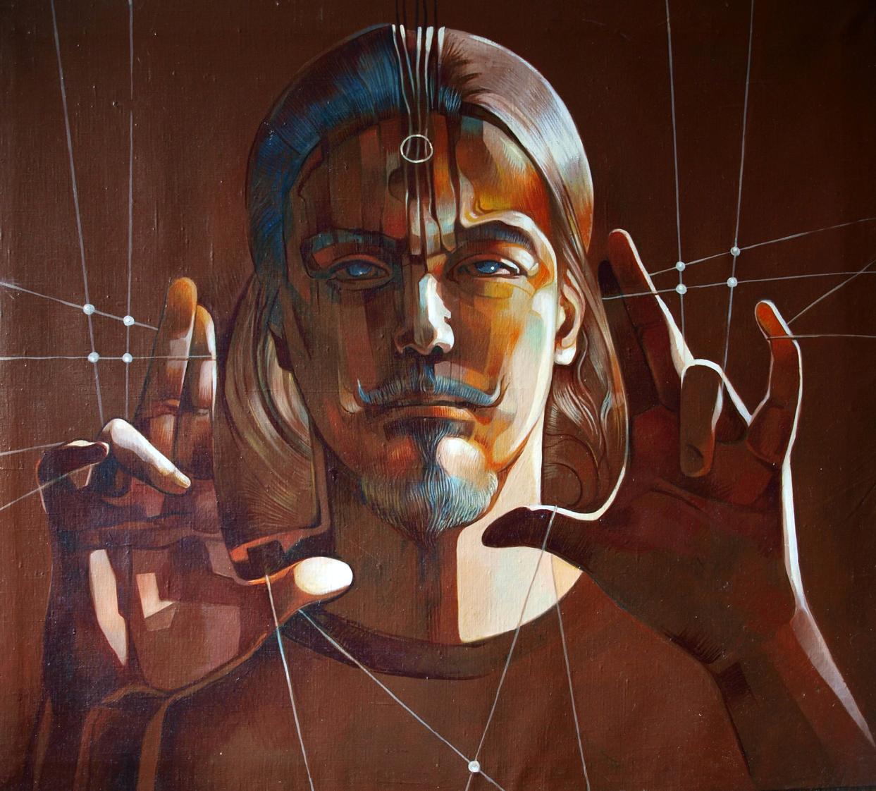 Surreal oil portrait of long-haired blue-eyed man by Konsta G. Amelinn