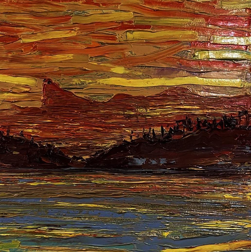 Vibrant oil painting The Glow by Serhiy Kovalev: desert sunset over silhouetted hills