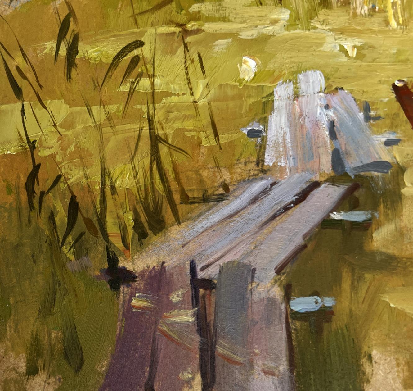 Oil painting of boat among reeds with rustic purple-gray bridge in golden field by Yuriy Suprunchuk