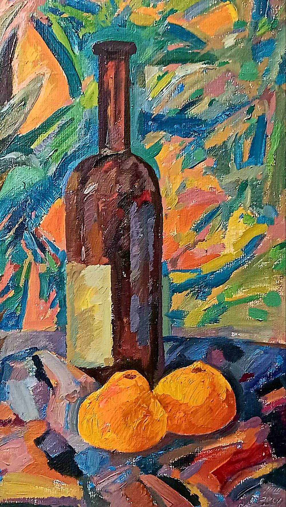Oil painting Still life with pineapple by Tatyana Shulyak in dark brown bottle