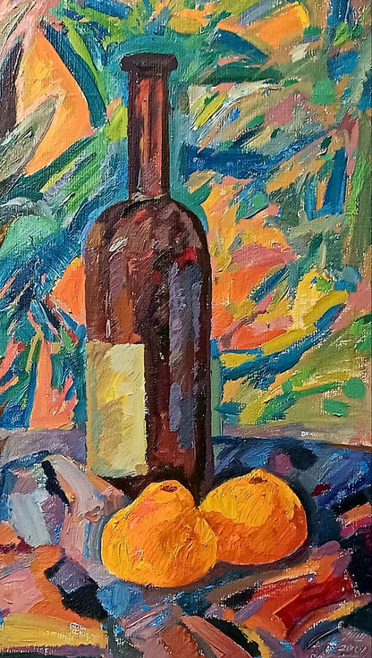 Oil painting Still life with pineapple by Tatyana Shulyak in dark brown bottle