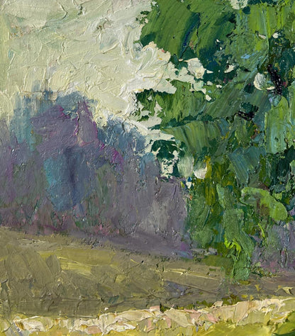 Oil painting In the sunlight by Boris Serdyuk: lush green foliage, white blossoms, blended sky