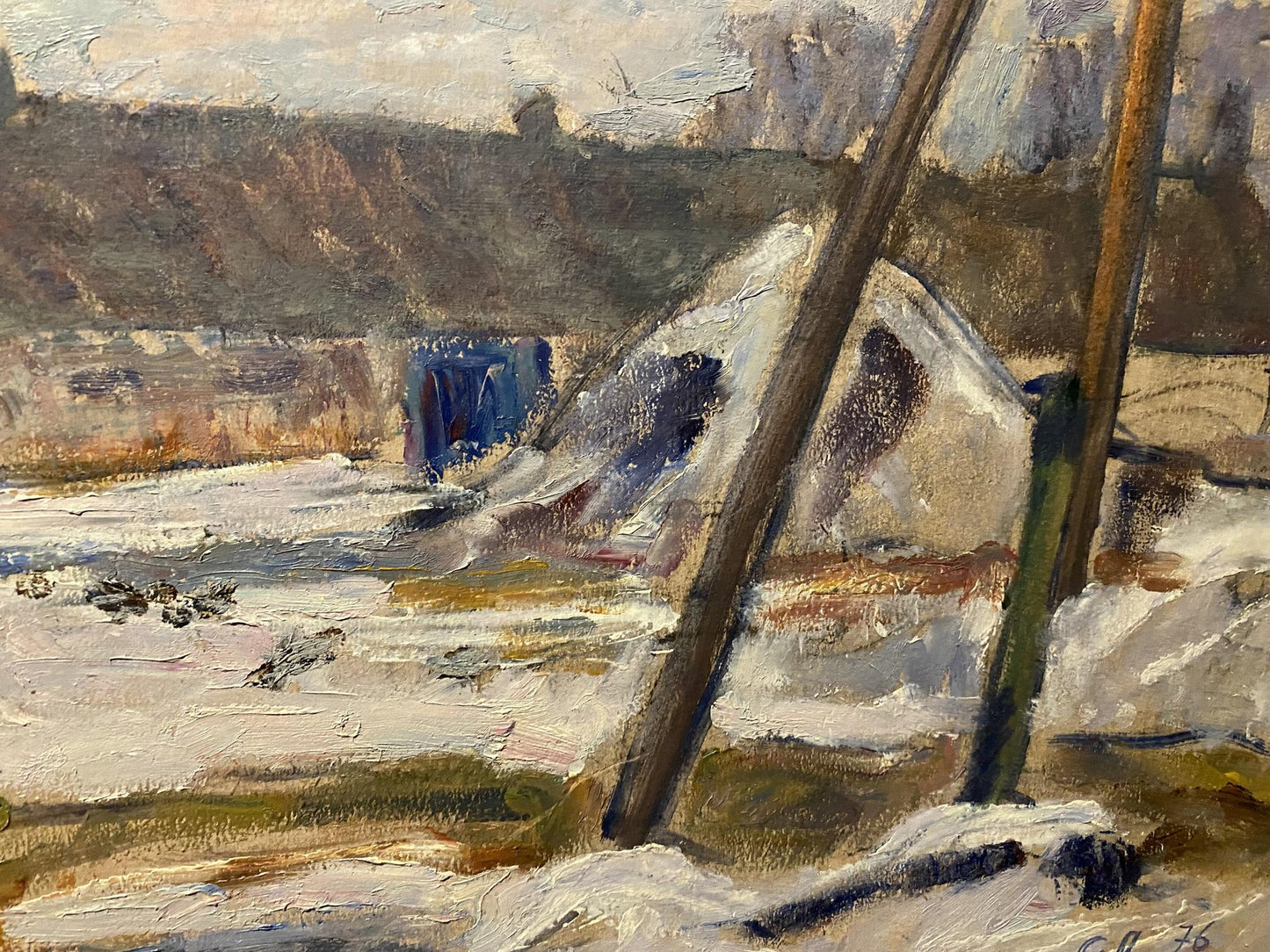 Oil painting of Stanislav Petrashevsky snowy farm yard landscape