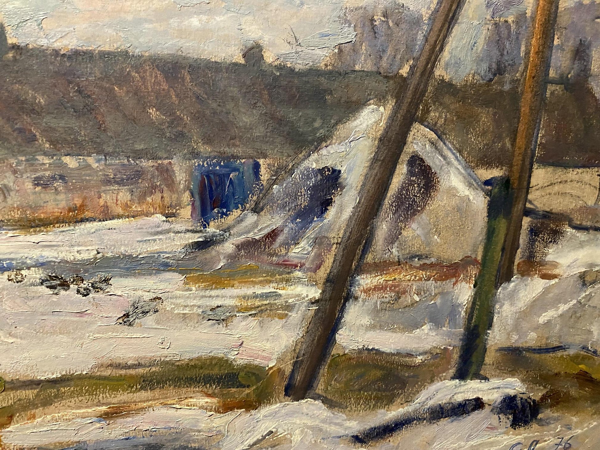 Oil painting of Stanislav Petrashevsky snowy farm yard landscape