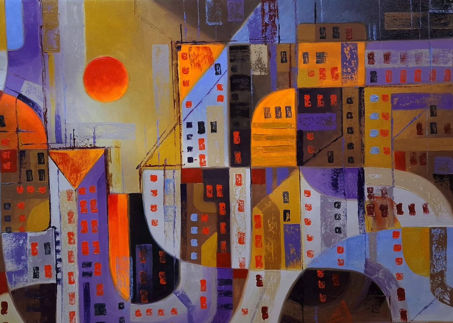 Oil painting Urban sunset by Sergiy Voichenko: abstract geometric cityscape