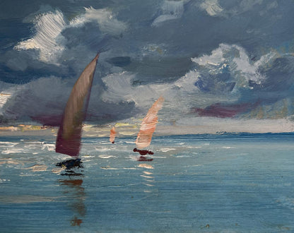 Oil painting of two sailboats on textured blue sea, sun behind dramatic clouds by Yuriy Suprunchuk