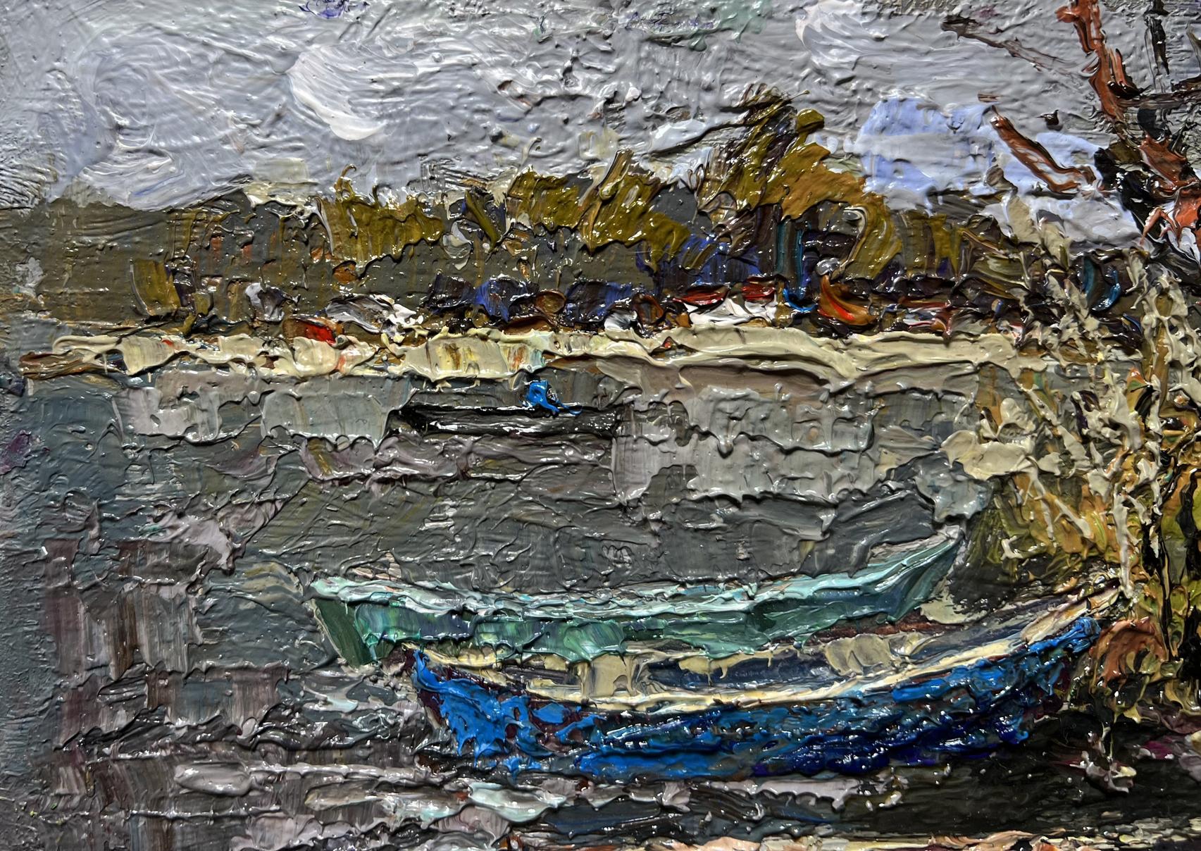 Oil painting Autumn melancholy by Oksana Ivanyuk: teal rowboat in gray water