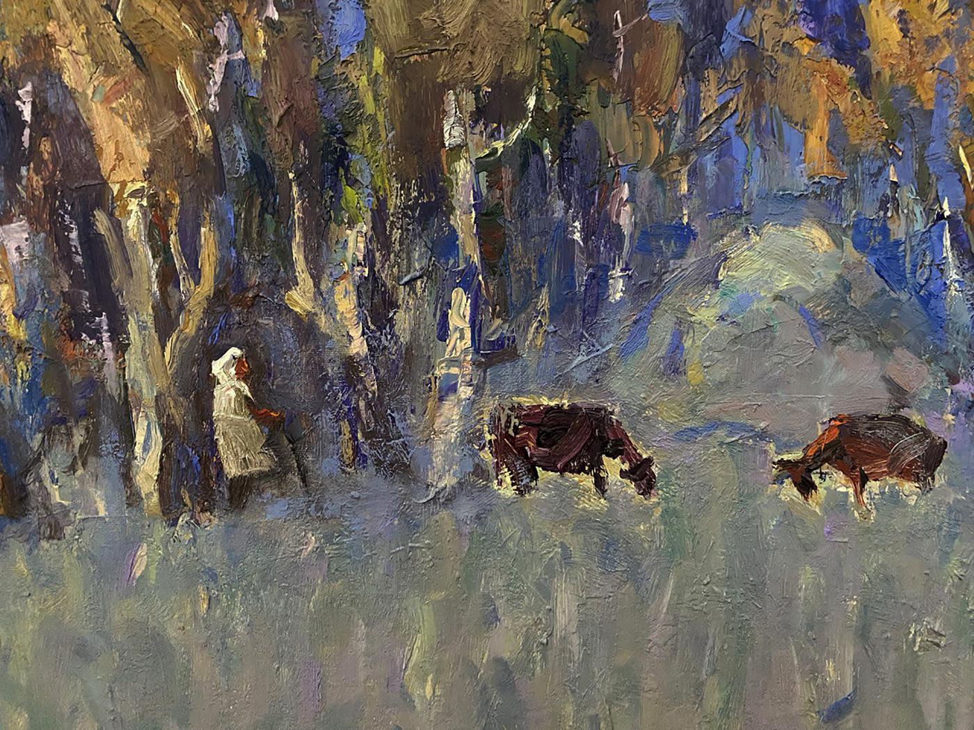 Impressionistic oil painting In the cold steppes by Oleksiy Ivanyuk with cows