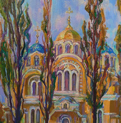 Vibrant oil painting of golden-domed Orthodox cathedral by Leonid Pavlenko