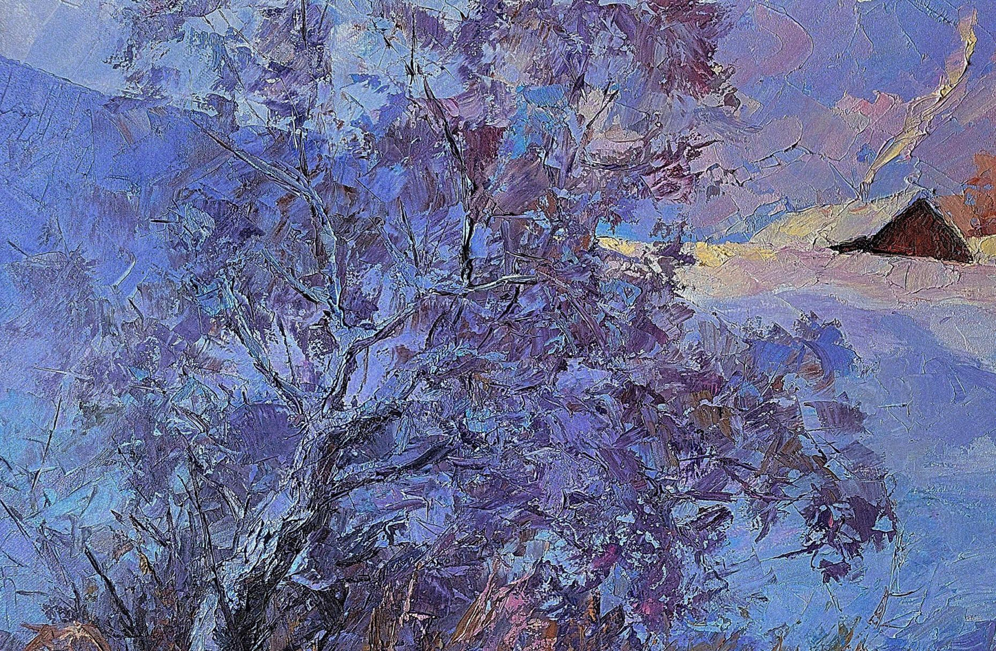 Oil painting Frosty morning by Boris Serdyuk: impressionistic snow-covered tree