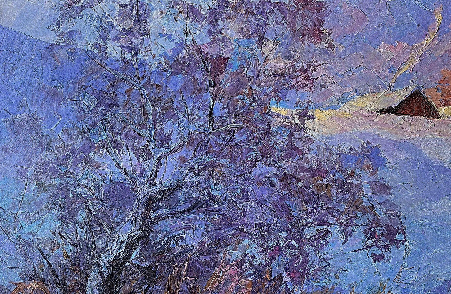 Oil painting Frosty morning by Boris Serdyuk: impressionistic snow-covered tree
