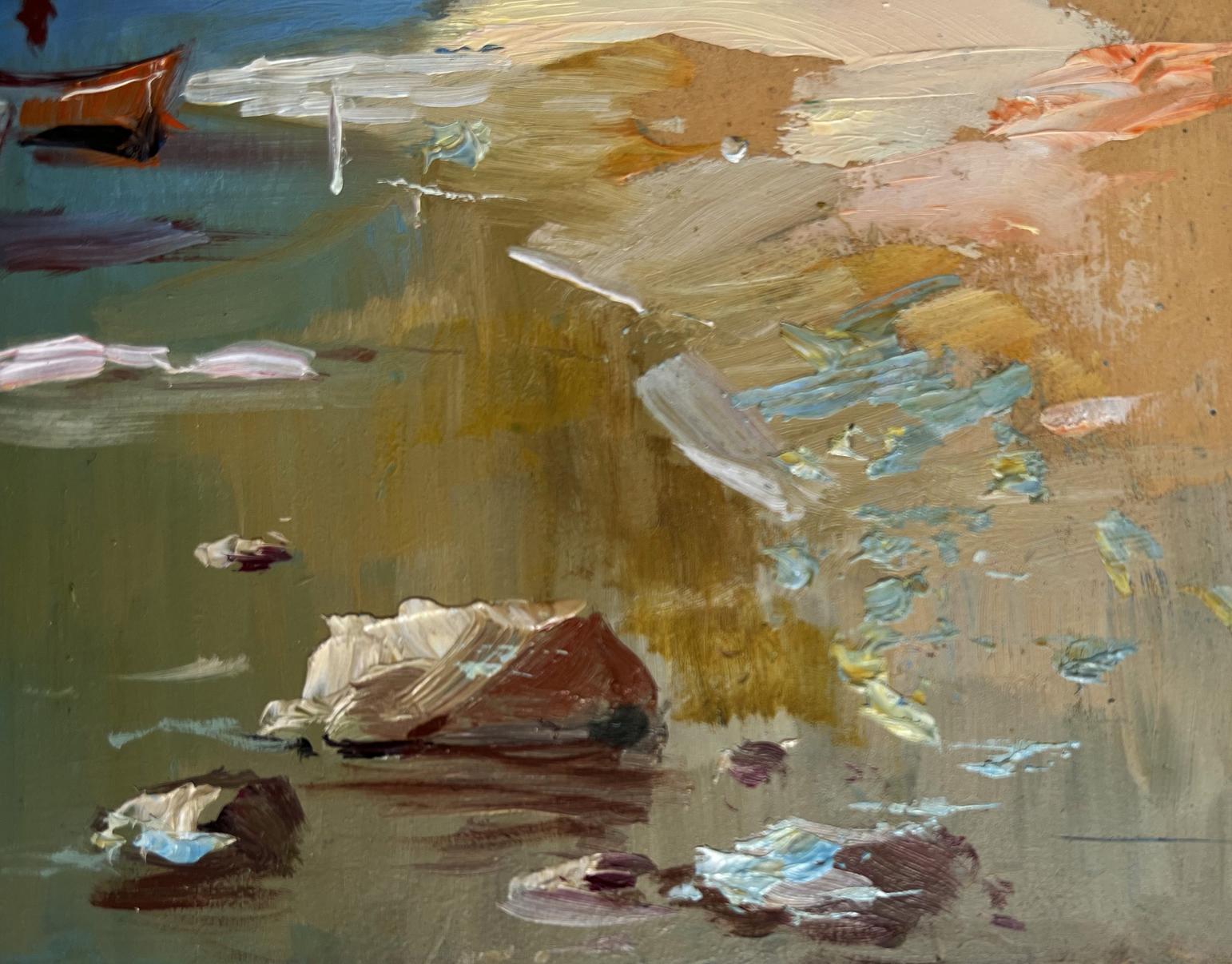 Oil painting Warm days at sea by Yuriy Suprunchuk, abstract earthy tones