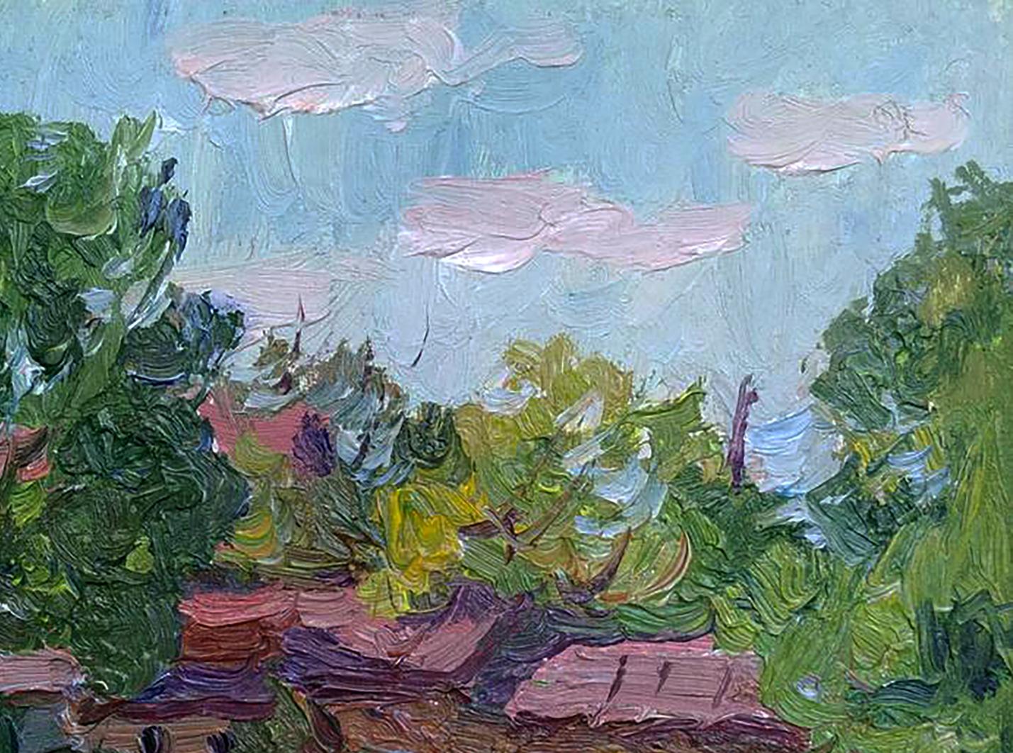 Vibrant oil painting of rural life by Yury Konovalov with green trees and clouds