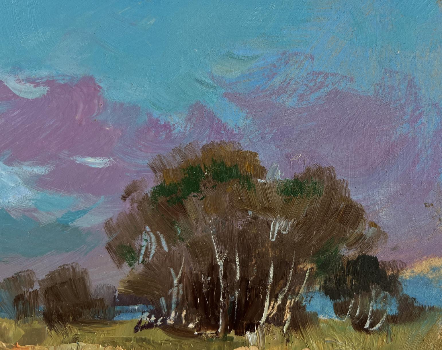 Oil painting of dense tree in field near lake by Yuriy Suprunchuk