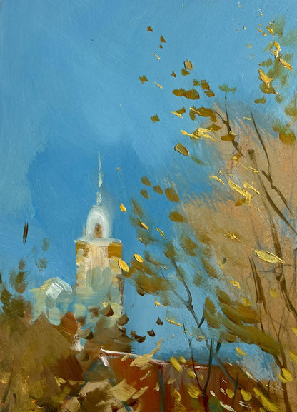 Oil painting Autumn in the Old Quarter by Yuriy Suprunchuk church tower