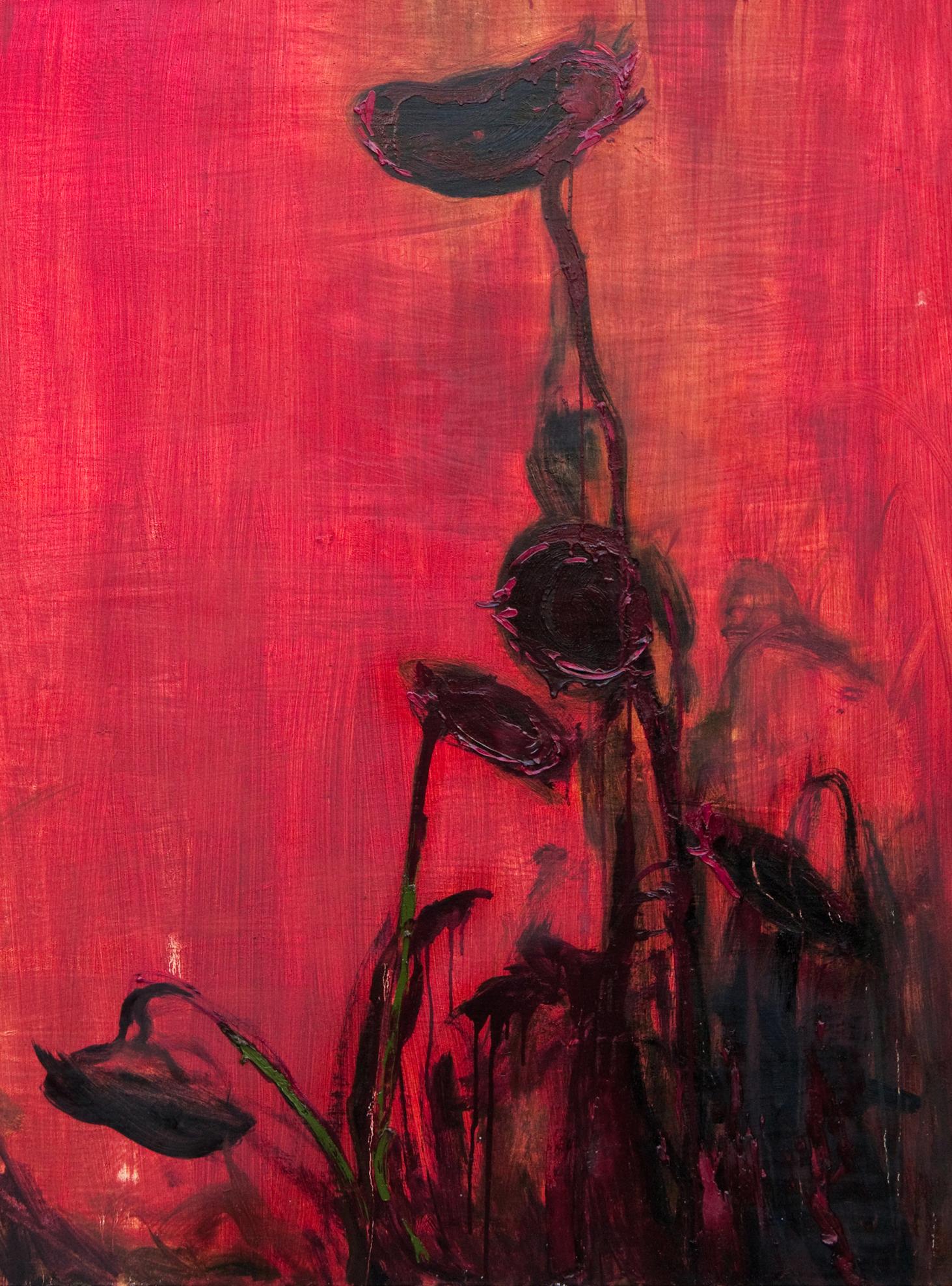 Bold abstract oil painting of sunflowers in fog by Natalia Korf-Ivaniuk