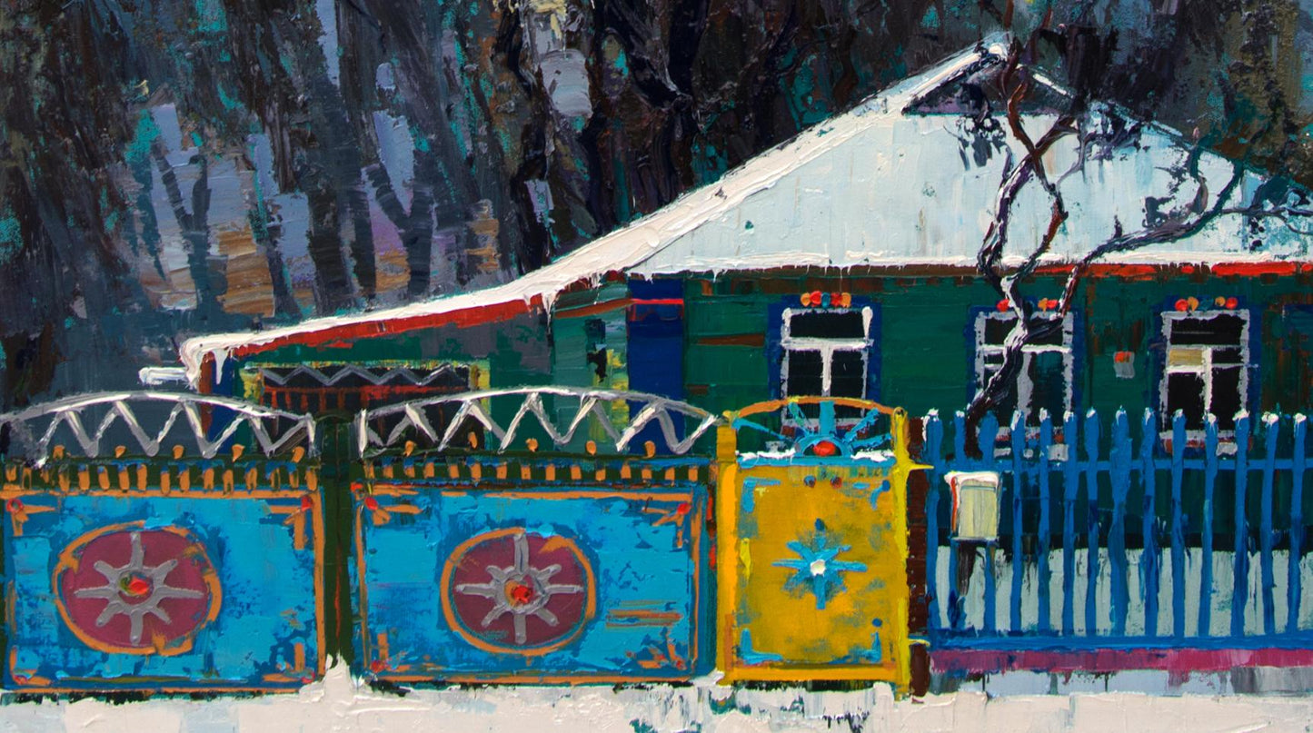 Oil painting of snow-covered gates by Natalia Korf-Ivaniuk with vibrant blue-yellow fence