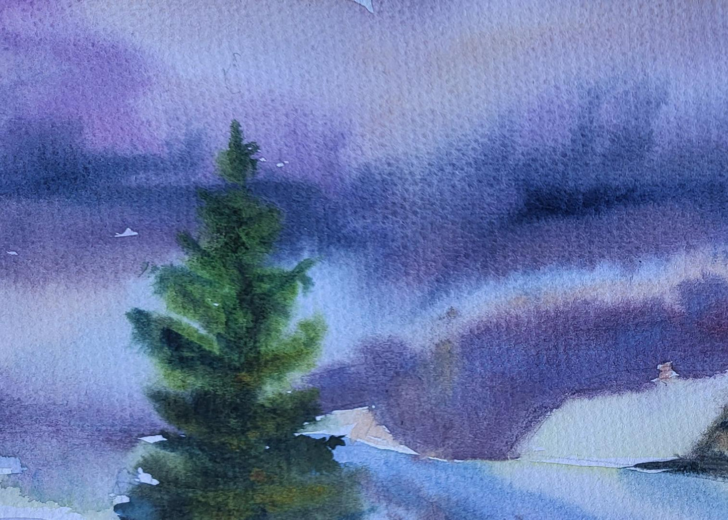 Watercolor painting Silence of a snowy day by Boris Serdyuk with green pine tree