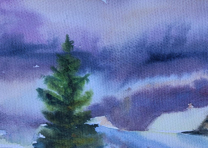Watercolor painting Silence of a snowy day by Boris Serdyuk with green pine tree