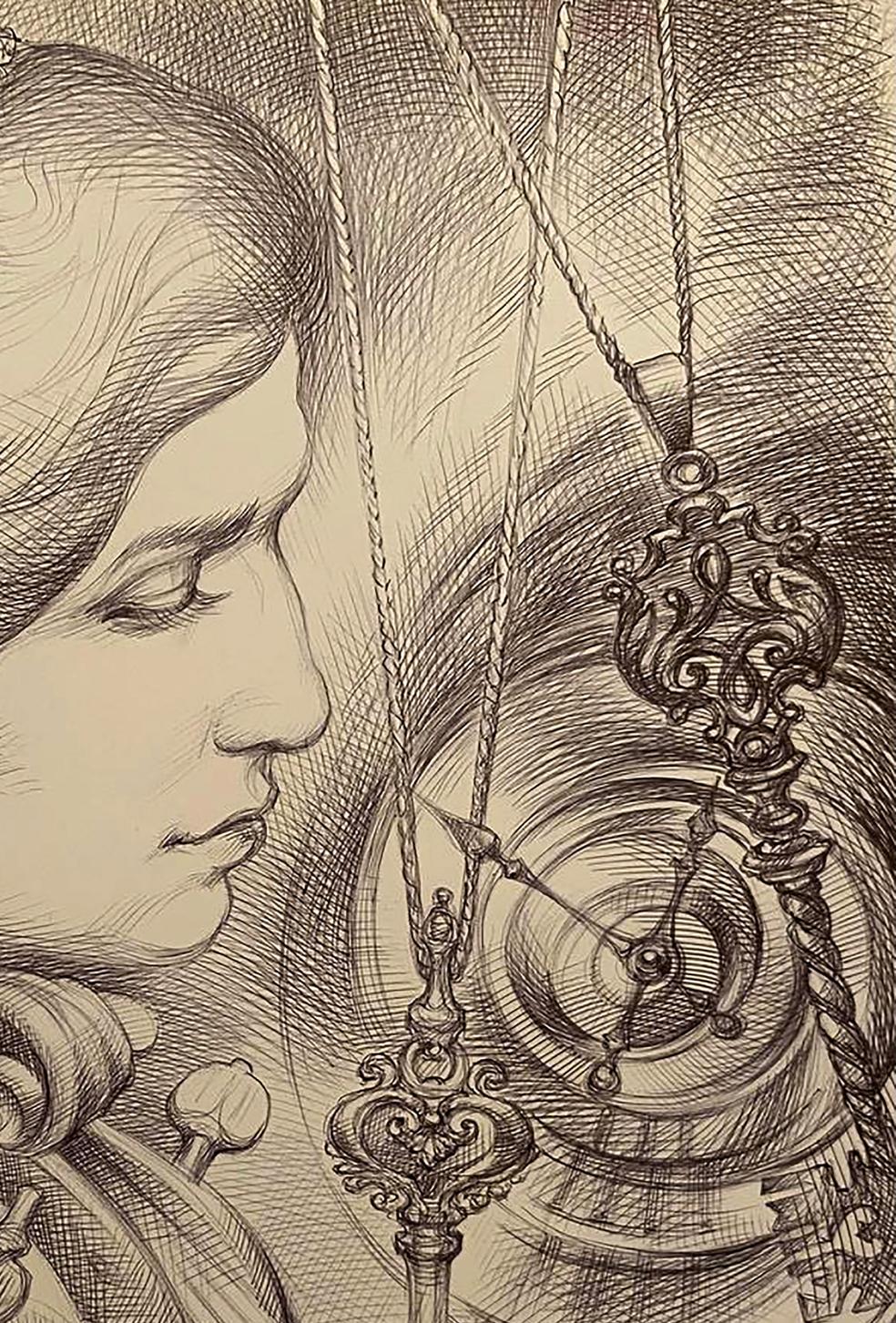 Ornate pocket watch with gears in Natalia Bulat pen painting Key time in art