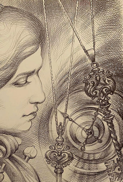 Ornate pocket watch with gears in Natalia Bulat pen painting Key time in art