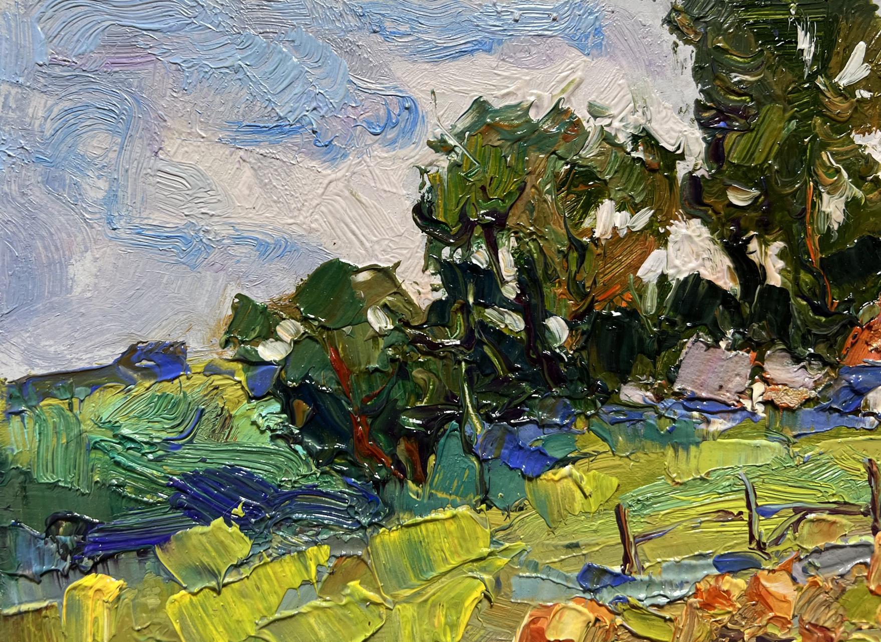 Oil painting by Oksana Ivanyuk: pumpkins in lush green garden fields