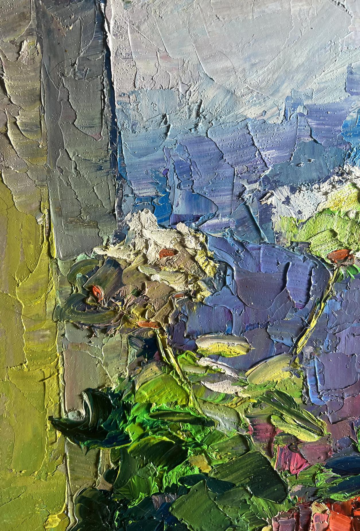 Oil painting Flowers on the windowsill by Boris Serdyuk with green foliage and blue-purple flowers