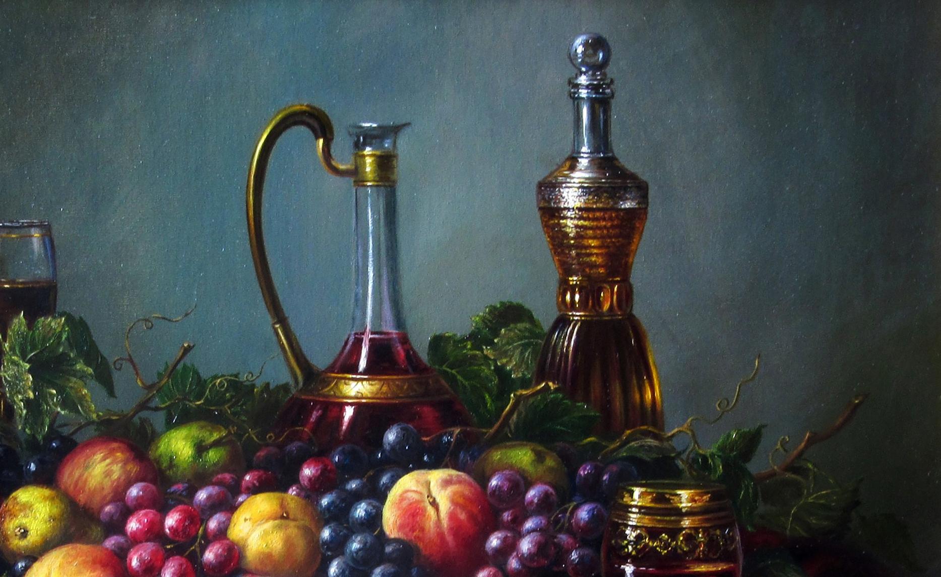 Oil painting Summer Treats Valeriy Bulat with ornate glass decanter