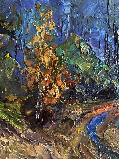 Oil painting Road to the autumn forest by Boris Serdyuk, textured blues and golds