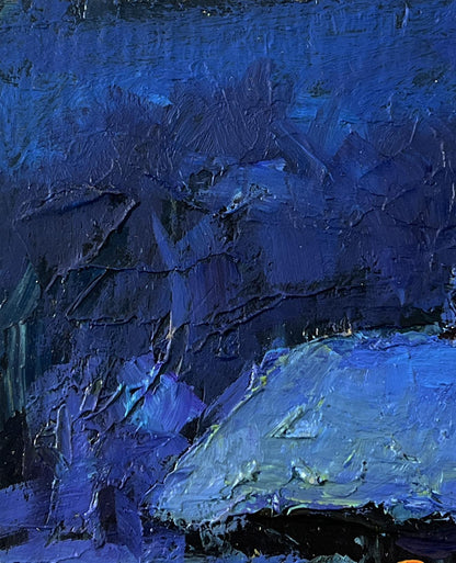 Oil painting Winter night in the village by Boris Serdyuk, impasto blues