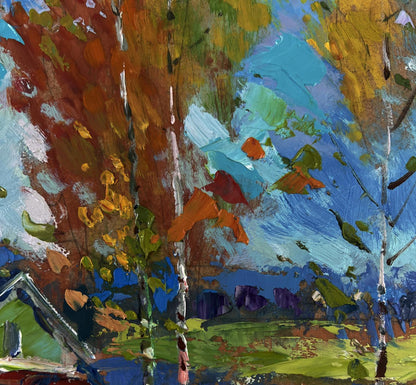 Vibrant impressionistic oil painting of birch grove by Yuriy Suprunchuk