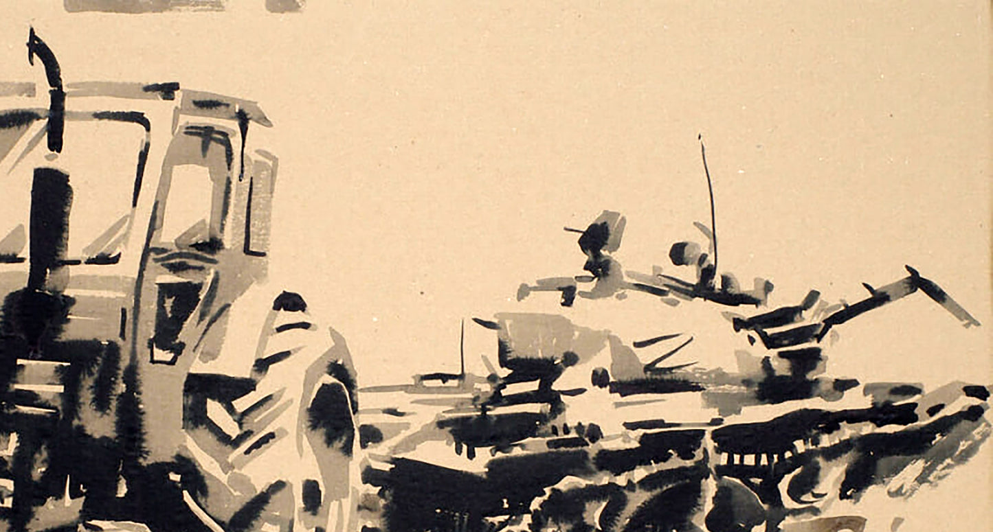 Black and white ink sketch of tractor and tank by Dima Filatov