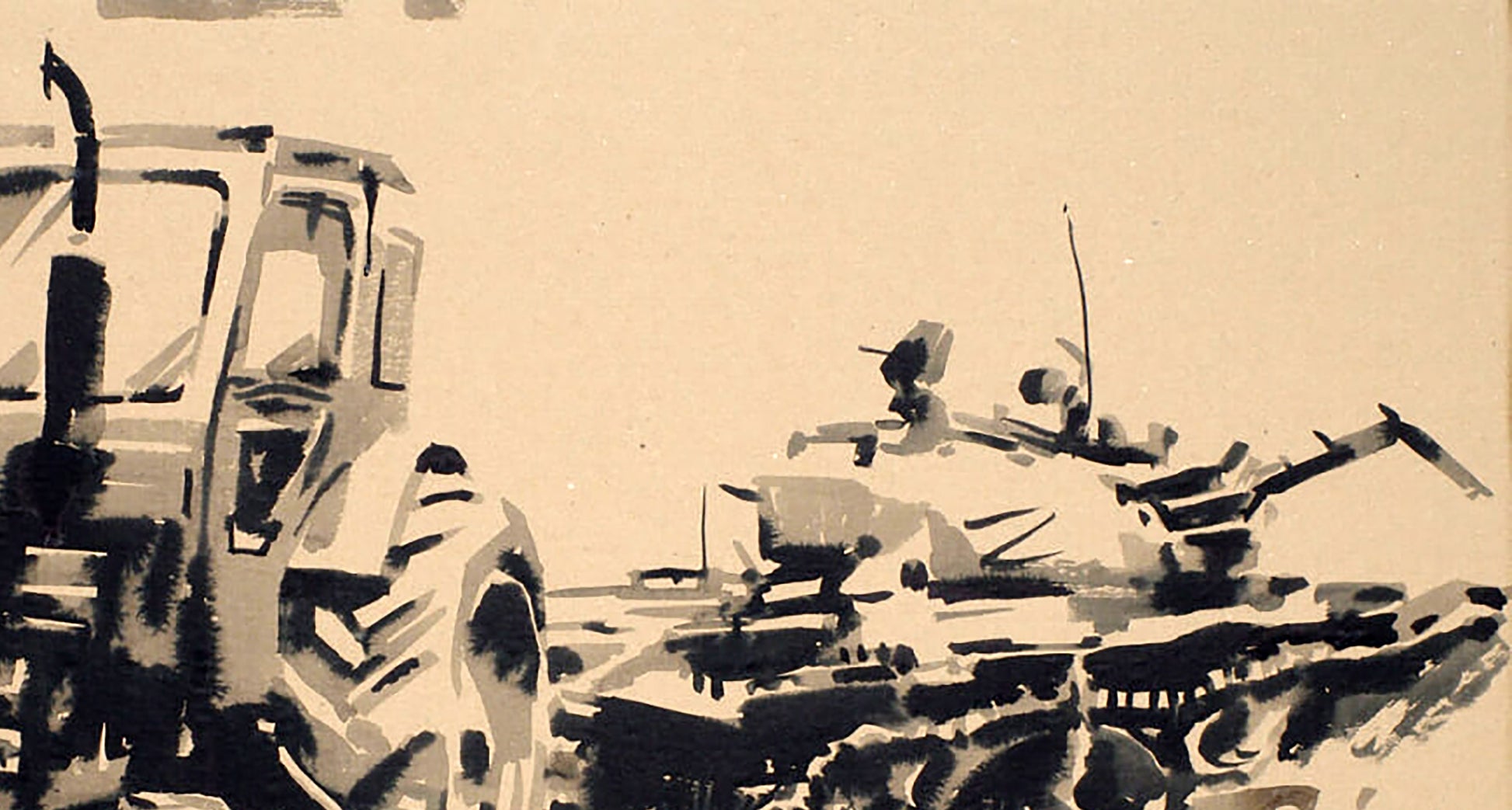 Black and white ink sketch of tractor and tank by Dima Filatov