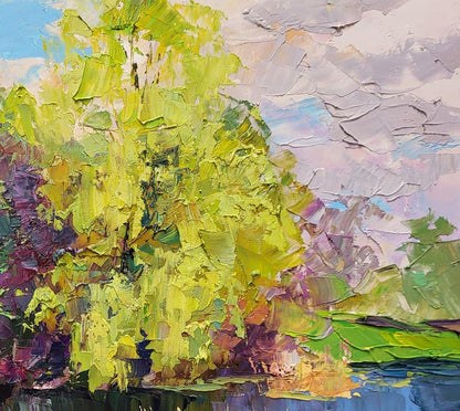 Oil painting Bridge by Boris Serdyuk: lush green tree in impressionist style