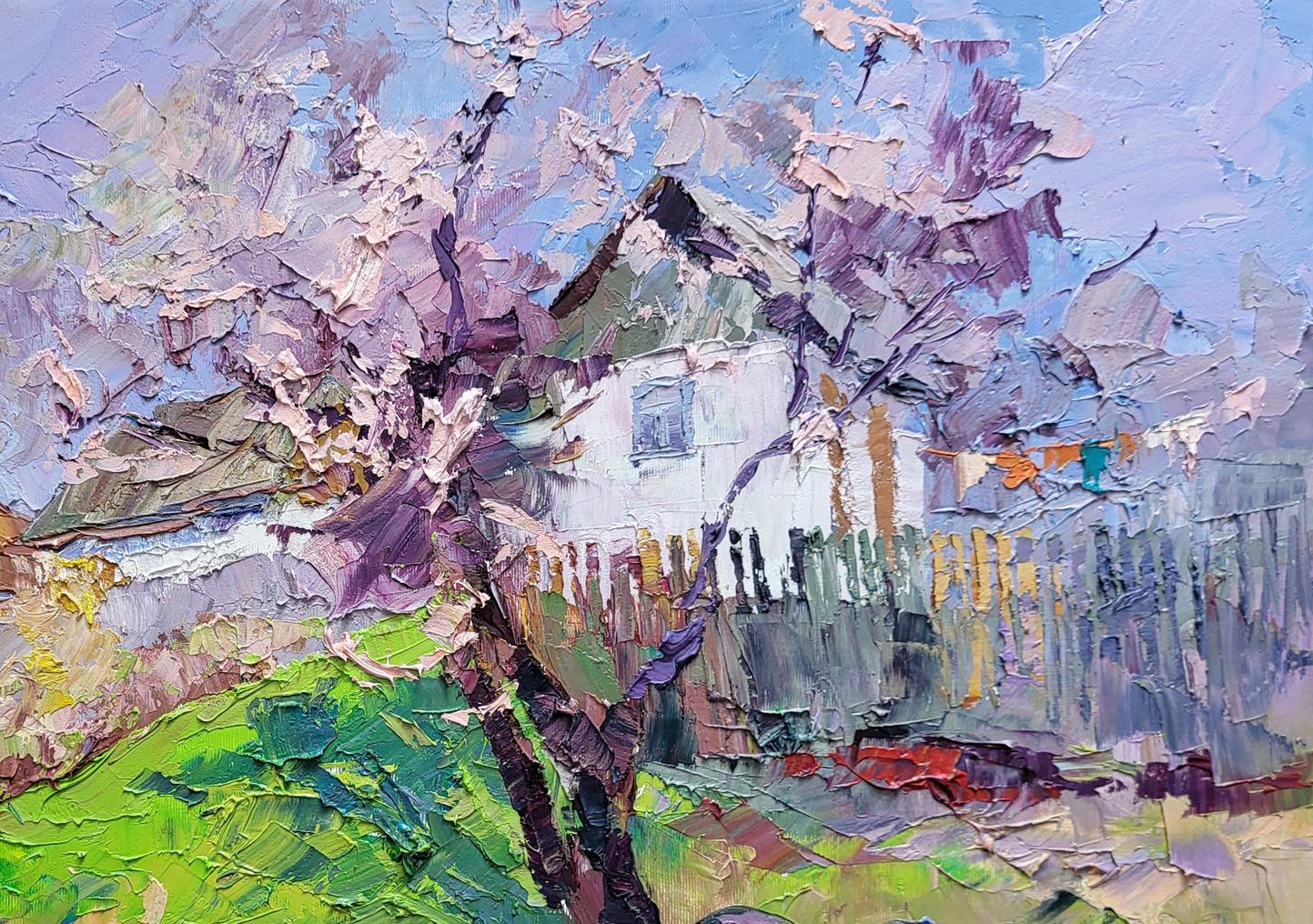 Oil painting The magic of spring by Boris Serdyuk with textured white house and pink purple blossoms
