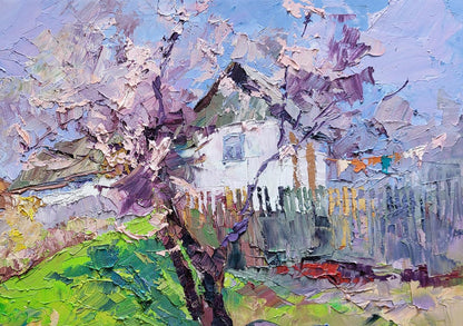 Oil painting The magic of spring by Boris Serdyuk with textured white house and pink purple blossoms
