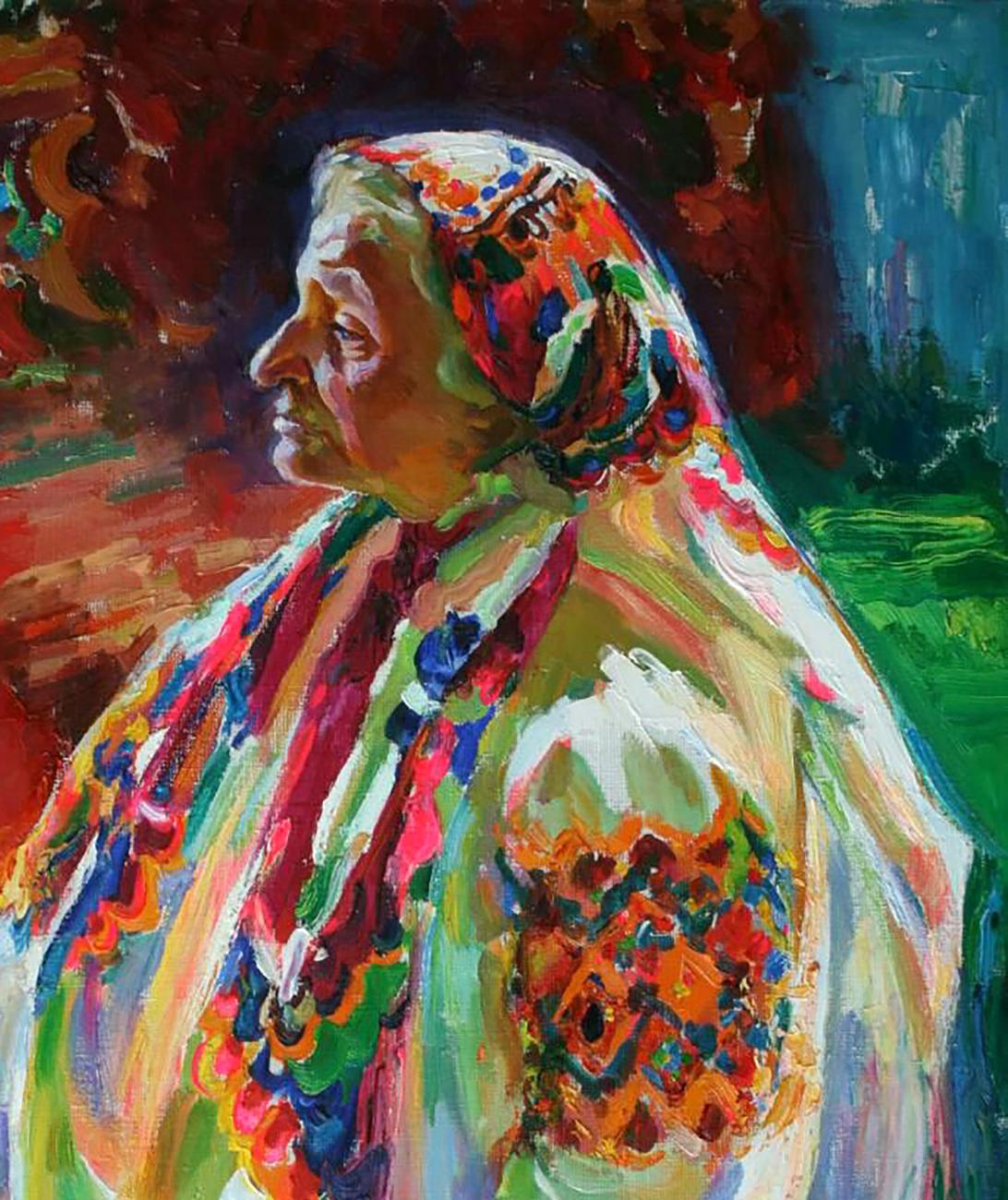 Vibrant impressionistic oil portrait of elderly woman by Leonid Pavlenko